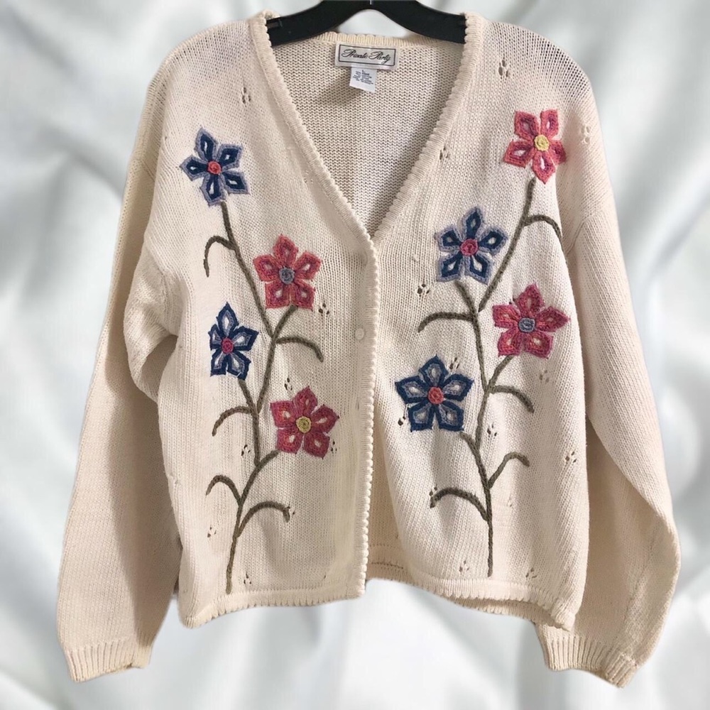Vintage Crocheted Flowers Cream Colored Knit Cardigan by Private Party